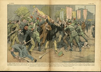 Illustrasjon av Eugene Damblans (1865-1945) i Le Pelerin, 27/06/37 - Korset mot Kristi kors i Hitler-Tyskland - Tyskland Preussen, Religion Tro, Folkemengde, Kamp, Retting, Gammee Cross, Christian Cross, Katolikk Katolisisme - Solgt av Eugene Damblans