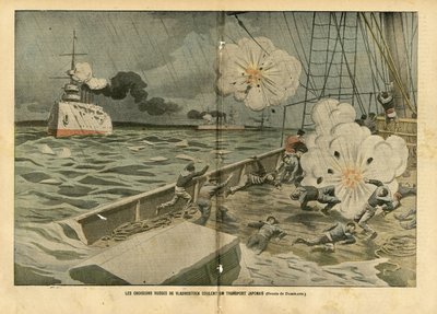 Illustrasjon av Eugene Damblans (1865-1945) i Le Pelerin, 28/02/04 - De russiske krysserne i Vladivostok senker en japansk transport - Armee, Maritime Marine Seaside, russisk-japanske krig, krigsskip, Vladivostok - Sjømenn, sjømenn av Eugene Damblans