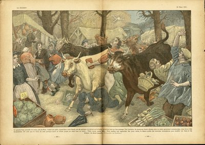Illustrasjon av Eugene Damblans (1865-1945) i Le Pelerin, 28/03/37 - Den store årlige messen i Lezay nær Niort - Diverse fakta, Økonomi, Folkemengde, Butikker, Landbruk, Belgvekster - Ku, Biff, Camelot-reisende av Eugene Damblans