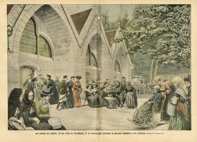 Illustrasjon av Eugene Damblans (1865-1945) i Le Pelerin, 28/08/04 - Ved bassengene i Lourdes, i disse dager med pelerinager og bønner, ber hundrevis av pasienter om deres krig - Medisinsk, Religion Tro, Arkitektur Byplanlegging , katolsk katolikk av Eugene Damblans