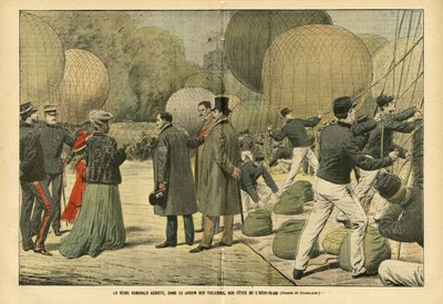 Illustrasjon av Eugene Damblans (1865-1945) i Le Pelerin, 29/10/05 - Dronning Ranavalo deltar, i Tuileries Garden, på Aero-Club-festen - Ballonger luftskip zeppelinere aerostation, Paris, Madagaskar, Public Garden, Foreign Sovereigners, Tuileries - Ranava av Eugene Damblans