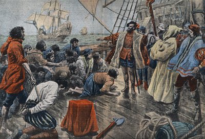 Illustration of the crew of Ferdinand de Magellan swearing their allegiance to him on a cross following an unsuccesful mutiny - Fernand de Magellan (1480-1521), Portuguese navigator soothes a sedition of his crew and after forgiving him makes him swear loy av Eugene Damblans