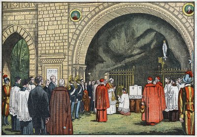 In front of the “Grotto de Lourdes”, in the gardens of the Vatican, Pope Pius XI blessed the first stone of the College of Propaganda which would rise on the Janicule. Illustration of Damblans. In “ Le Pelerin” of June 3 av Eugene Damblans