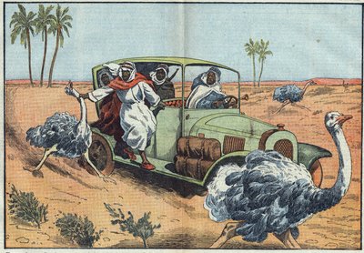 Moderne jakt: I den arabiske ørkenen kjører velstående beduiner unge østerrikere for å fange dem i live. Illustrasjon av Damblans. I "" Le Pelerin"" av 16. april av Eugene Damblans