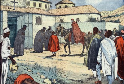 Monsignor Lepicier av Marias tjenereorden, erkebiskop av Tarsus, ble mottatt ved det koptiske klosteret Debre-Bizen i anledning et apostolisk besøk i Abessinia (Etiopia). Illustrasjon av svømming. I «Le Pelerin»» i august av Eugene Damblans