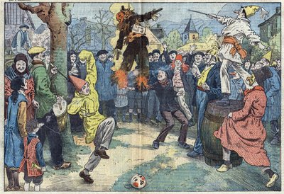Gamle skikker: kremeringen av "" karneval", på kvelden Mardi Gras (Mardi-Gras), representerer gledene og de kjæreste som er forlatt ved terskelen til Careme. Illustrasjon av Damblans. I "" Le Pelerin"" av 16. mars av Eugene Damblans