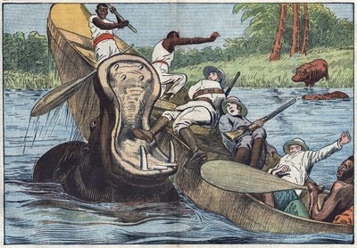 Ved Victoriasjøen, Afrika, kantres en båt okkupert av anglikanske misjonærer og urbefolkning av en såret flodhest. Illustrasjon av Damblans. I "" Le Pelerin"" av 16. mai av Eugene Damblans