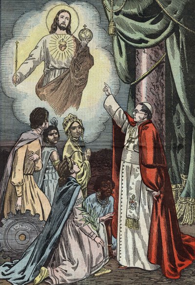 Pave Pius IX innleder feiringen av Jesu Kristi sosiale styre, tegning av Damblans fra fransk avis "Le Pelerin" 3. januar av Eugene Damblans