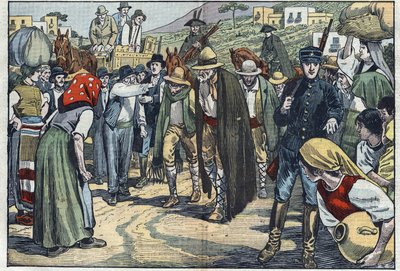 Robbers arrested by the Italian fascist police. Sicily, Italy. Illustration of Damblans. In “” Le Pelerin”” of February 14 av Eugene Damblans