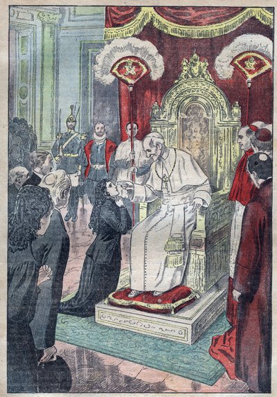 Saint Therese of the Child Jesus (or Lisieux 1873-1897) still a young girl at the feet of Pope Leon XIII, she obtained to enter Carmel at the age of fifteen in 1888 - illustration of Damblans of 1923 av Eugene Damblans