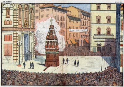 Scoppio del Carro (eksplosjon av vognen) folkearrangement i byen Firenze - illustrasjon av Damlans fra april 1928 av Eugene Damblans