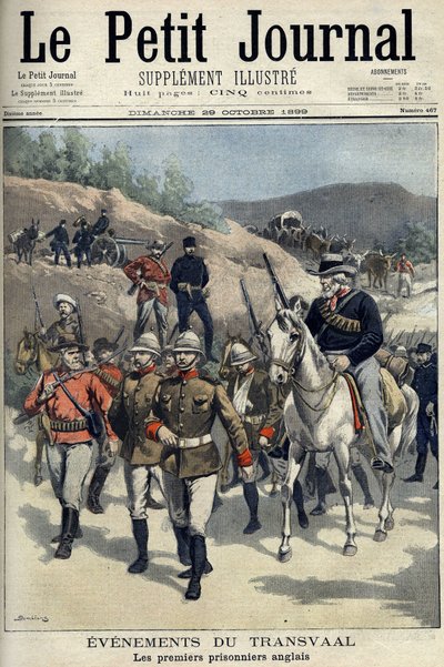 Sør-Afrika - Boerekrigen. Transvaal hendelser. De første engelske fangene tatt til fange av boerne. Tegning av Damblans. "" Le Petity Journal", 29. oktober av Eugene Damblans