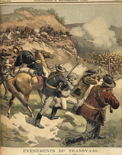 Sør-Afrika, The Anglo Boer Wars, Death of the Boer General Viljoen under en kamp med engelskmennene, trykk av Eugene Damblans