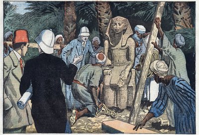 The French archeolgic mission discovers a statue of Sesostris III teenager who will be brought to the Louvre. Medamoud, ancient Thebes, Egypt. Illustration of Damblans. In “” Le Pelerin”” of November 22 av Eugene Damblans