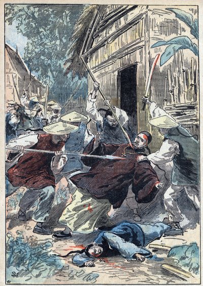 The French priest Berthollet (1865-1898), priest of the Foreign Missions, was assassinated by Chinese national guards near the town of Yun Ngan Cheou (Yun-Ngan-Cheou) on 21 April 1898. Illustration of Damblans in “” Le Pelerin”” of July 10 av Eugene Damblans