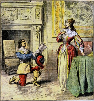 Musketeren av Artagnan kneler ved føttene til dronning Anne av Østerrike for å returnere brevene hennes - Illustrasjon av Damblans for romanen "Ving ans Apres" av Alexandre Dumas i "Journal of Illustrous Folk Romans"" fra begynnelsen av 1900-tallet av Eugene Damblans