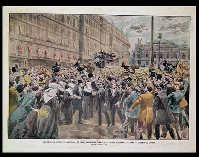 Søstrene til l'Ecole Saint-Roch i Paris akkompagnert til stasjonen av 20 000 mennesker, Avenue de l'Opera, 22. juli 1902 (farge litho) av Eugene Damblans