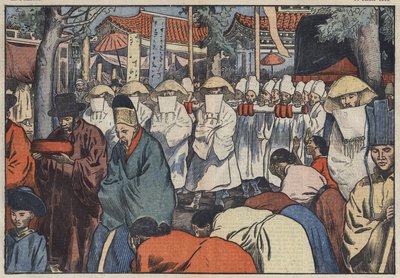 Begravelsen til den tidligere keiseren av Korea, prins Yi. Man kan se katafalken ved døren til palasset i Seoul, mens Aigos eller "Cereers Coreens" klager over prinsens død. Seoul, Korea. Illustrasjon av Damblans. I "" Le Pelerin"" fra juli av Eugene Damblans