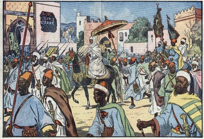 Den nye sultanen av Marokko, Moulay Mohammed, gjør sitt inntog i byen Rabat. Illustrasjon av Damblans. I "" Le Pelerin"" av 4. desember av Eugene Damblans