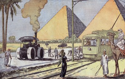 Utsikt over Giza-pyramidene i Egypt, illustrasjon av Eugene Damblans fra fransk avis "Le Pelerin" 1. januar av Eugene Damblans