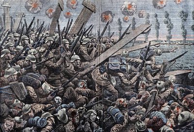 Krig 1914-1918. Front av Belgia 1914. Tyske soldater på Yser. Tegning av Damblans. av Eugene Damblans