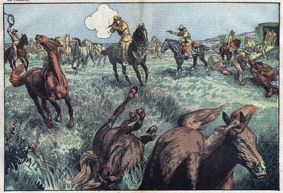 Villhester slaktes i USA. Illustrasjon av Damblans. I "" Le Pelerin"" av 31. januar av Eugene Damblans