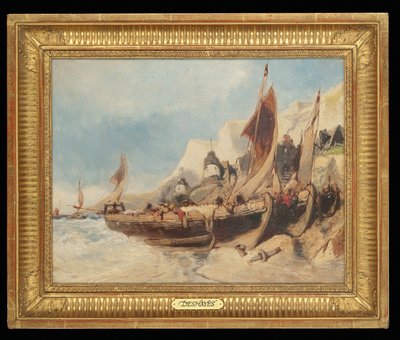 Fiskebåter på stranden, Bretagne av Eugene Deshayes
