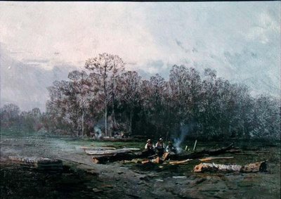 Misty Landscape with Woodcutters (olje på lerret) av Eugene Deshayes