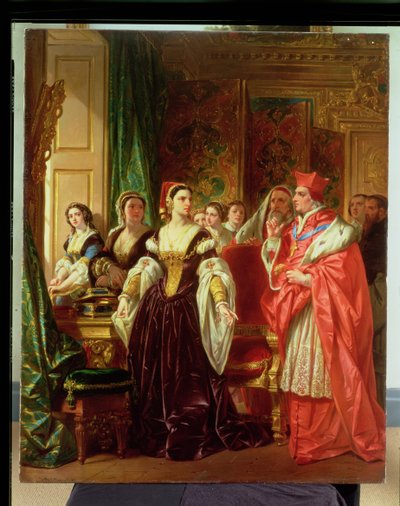 En scene fra Shakespeares Henry VIII; Kardinal Wolsey og Catherine av Aragon, 1858 av Eugene Deveria