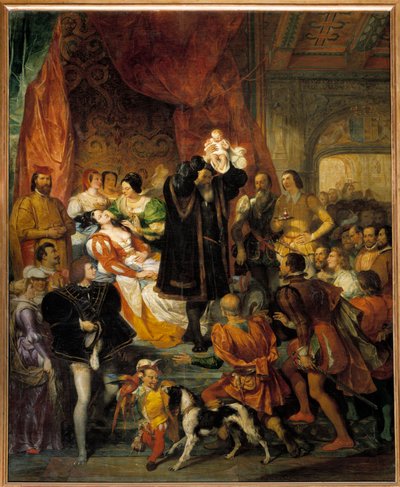 Fødsel av kong Henry IV den 13/12/1553 på Chateau de Pau Jeanne III, kjent som Jeanne d"Albret, føder den fremtidige kongen viser besøkende av sin far Antoine de Bourbon av Eugene Deveria