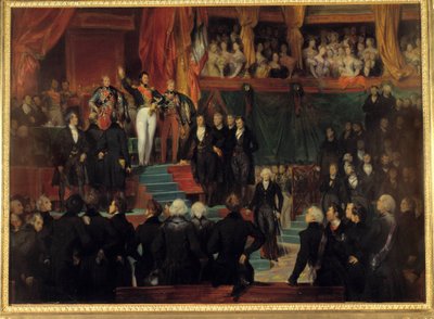 Revolusjon i 1830: "" Kong Louis Philippe I (1773-1850) sverget å opprettholde charteret av 1830 i nærvær av kamrene gjenforent i den provisoriske salen til Palais Bourbon 9. august av Eugene Deveria