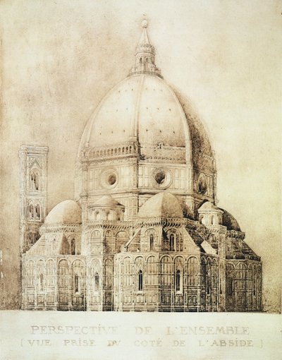 Firenze katedral fra øst, fra 'Fragments d'Architecture du Moyen Age et de la Renaissance', bind II, gravert av Jules Adolphe Chauvet (f.1828) (litografi) av Eugene Duquesne