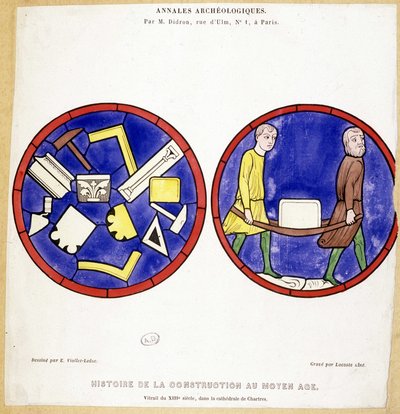 Byggehistorie i middelalderen: Fac-liknelse av glassmalerier fra 1200-tallet, i Cathedrale de Chartres - Tegning av Eugene Viollet-le-Duc (Viollet le Duc) (1814-1879) og med flere makoniske symboler. av Eugene Emmanuel (after) Viollet le Duc