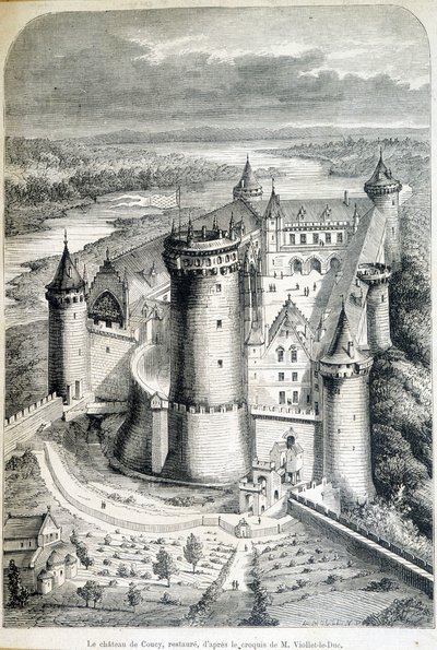 Le chateau de Coucy, restaurert - gravering fra skissen//av Eugene Viollet-le-Duc (Viollet le Duc) (1814-1879) - "" Le Monde illustrious""" av 8/05/1858. av Eugene Emmanuel (after) Viollet le Duc