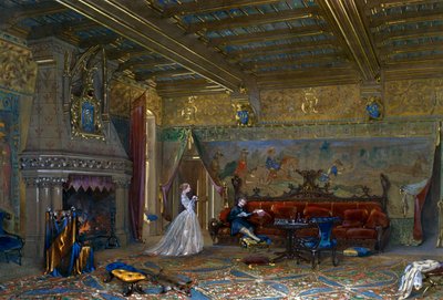 Design av en hall i gotisk stil for Chateau de Pierrefonds, med keiseren og keiserinnen av Eugene Emmanuel Viollet le Duc