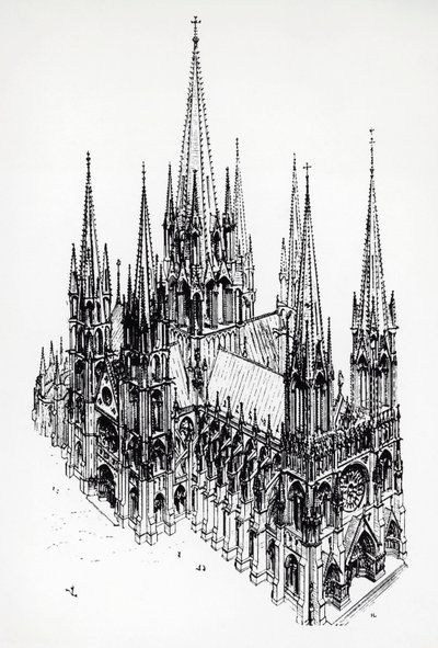 Isometrisk utsikt over den ideelle katedralen, tegning av Eugene Emmanuel Viollet-le-Duc (1814-1879) fra Dictionary of French Architecture fra 1000- til 1500-tallet av Eugene Emmanuel Viollet le Duc