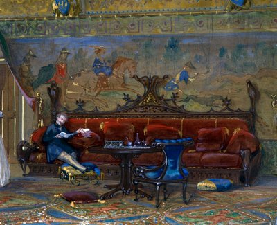Design av en hall i gotisk stil for Chateau de Pierrefonds, med keiseren og keiserinnen av Eugene Emmanuel Viollet le Duc