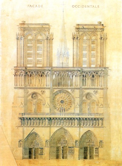 Prosjekt for restaurering av vestfasaden til Notre Dame-katedralen i Paris med rekonstruksjon av spiret ved krysset, 1843 av Eugene Emmanuel Viollet le Duc