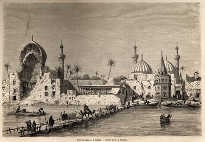 En båtbro, i Bagdad, tegning av Eugene Flandin (1809-1876), for å illustrere hans reise til Mesopotamia i 1840-1842. Gravering i “” Le tour du monde”” 1861. Selvas samling. av Eugene Flandin