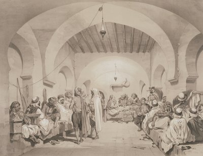 Cafe du Divan, Alger, fra et bind til minne om den franske ekspedisjonsstyrken som erobret Alger i 1830, gravert av Adolphe Jean-Baptiste Bayot (1810-66) av Eugene Flandin
