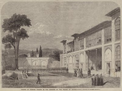 Parade av persiske tropper i hagen til palasset i Shiraz av Eugene Flandin