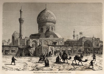 Marche-plassen og Ahmet Khiaia-moskeen i Bagdad, tegning av Eugene Flandin (1809-1876), for å illustrere hans reise til Mesopotamia i 1840-1842. Gravering i “” Le tour du monde”” 1861. Selvas samling. av Eugene Flandin