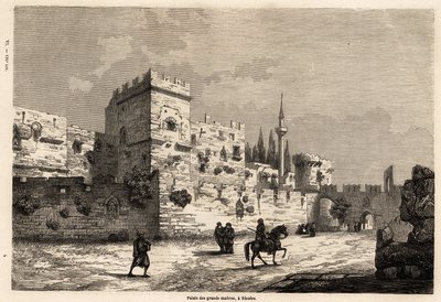 De store mesternes palass på Rhodos, tegning av Eugene Flandin, for å illustrere hans reise til øya Rhodos i 1844. Gravering i "" Le tour du monde", redigert av Edouard Charton av Eugene Flandin