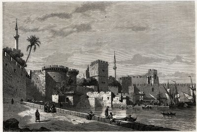 Utsikten over havnen på Rhodos og porten til Aubusson, tegning av Eugene Flandin, for å illustrere hans reise til Rhodos øya i 1844. Gravering i "" Le tour du monde"", redigert av Edouard Charton av Eugene Flandin