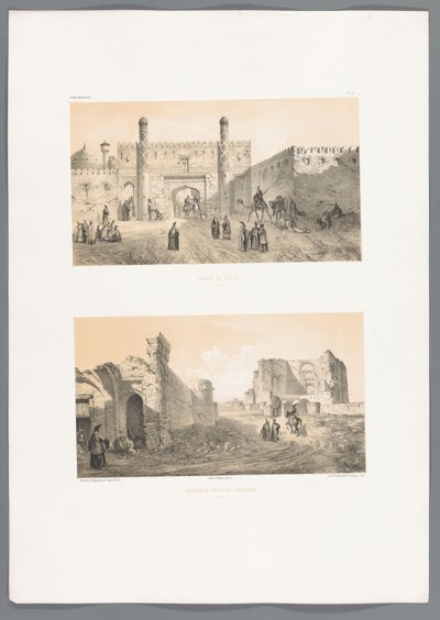 To utsikter over Tabriz Porte de ville (Tabriz) (tittel på objekt) Restes du palais de Zobeids (Tabriz) (tittel på objekt) Persiske landskap (serietittel) Persisk moderne (serietittel) av Eugene Flandin