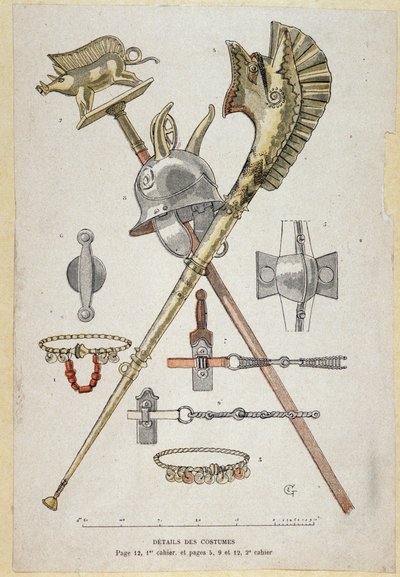 Tilbehør til den galliske krigeren: banner som dekorerer en saglier lærer, hjelmen og krigshornet (carnyx) - i "" Illustrous Teaching Cahiers, War Costumes of the Bronse Age and the Gallish Age"", ed Grasset av Eugene Grasset
