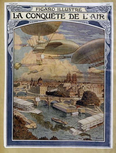 Air conquet: luftskip, ballong og varmluftsballong over Paris - omslag i "" Figaro Illustré"" fra februar 1909 av Eugene Grasset