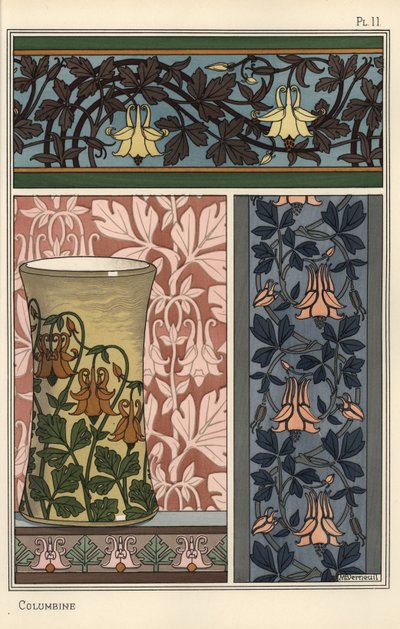 Akeleieblomst, Aquilegia vulgaris, i mønster til tapet, stoff og vase av Eugene Grasset
