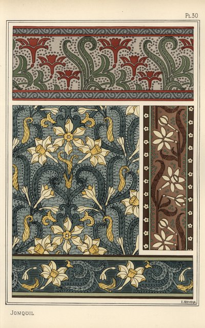 Jonquil, Narcissus jonquilla, som designmotiv i tapet- og stoffmønstre av Eugene Grasset