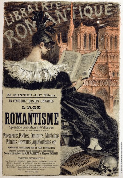 Litteratur. Librairie romantique (Romantisk bokhandel.) Plakat av Eugene Grasset for redaktøren Monnier, Frankrike, ca. 1890 Coll. Del. (plakat) av Eugene Grasset